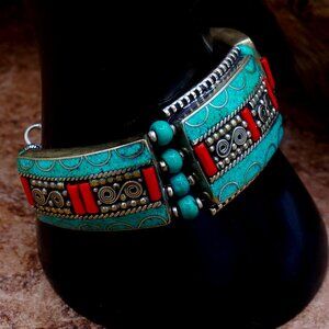 Vintage Tibetan Silver Nepal Turquoise & Coral Inlay Bead Handmade Bracelet 7.5"